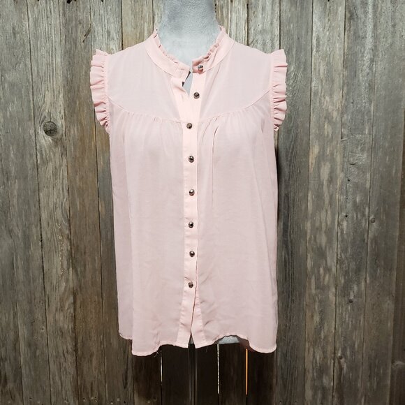 Lily Star L Juniors Top Blouse Pink Sheer Ruffle Sleeveless Button Front - Picture 1 of 6
